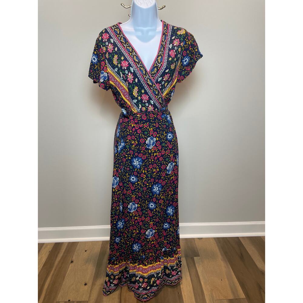 Zesica Blue Maxi Wrap Dress Short Sleeve Multi Color Floral Print Size M
